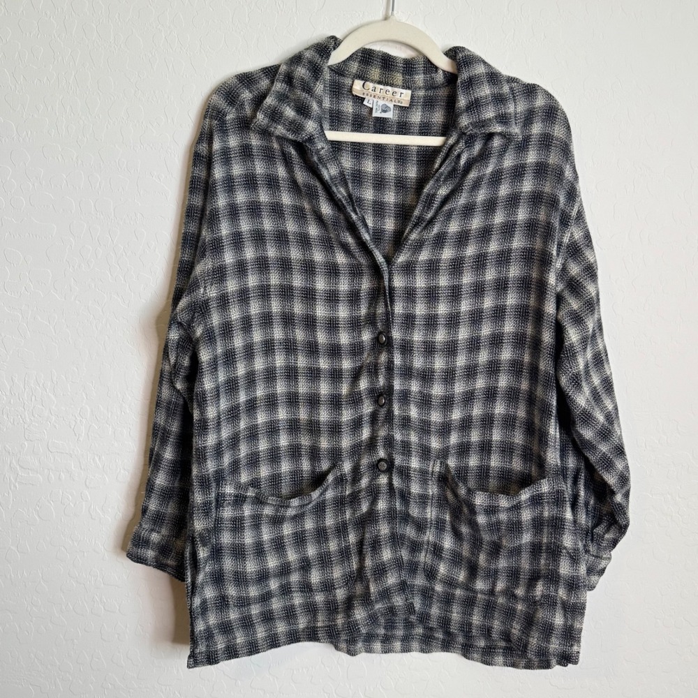 Career Essentials Vintage Pure Wool Plaid Button Down Shirt Black White Large‎